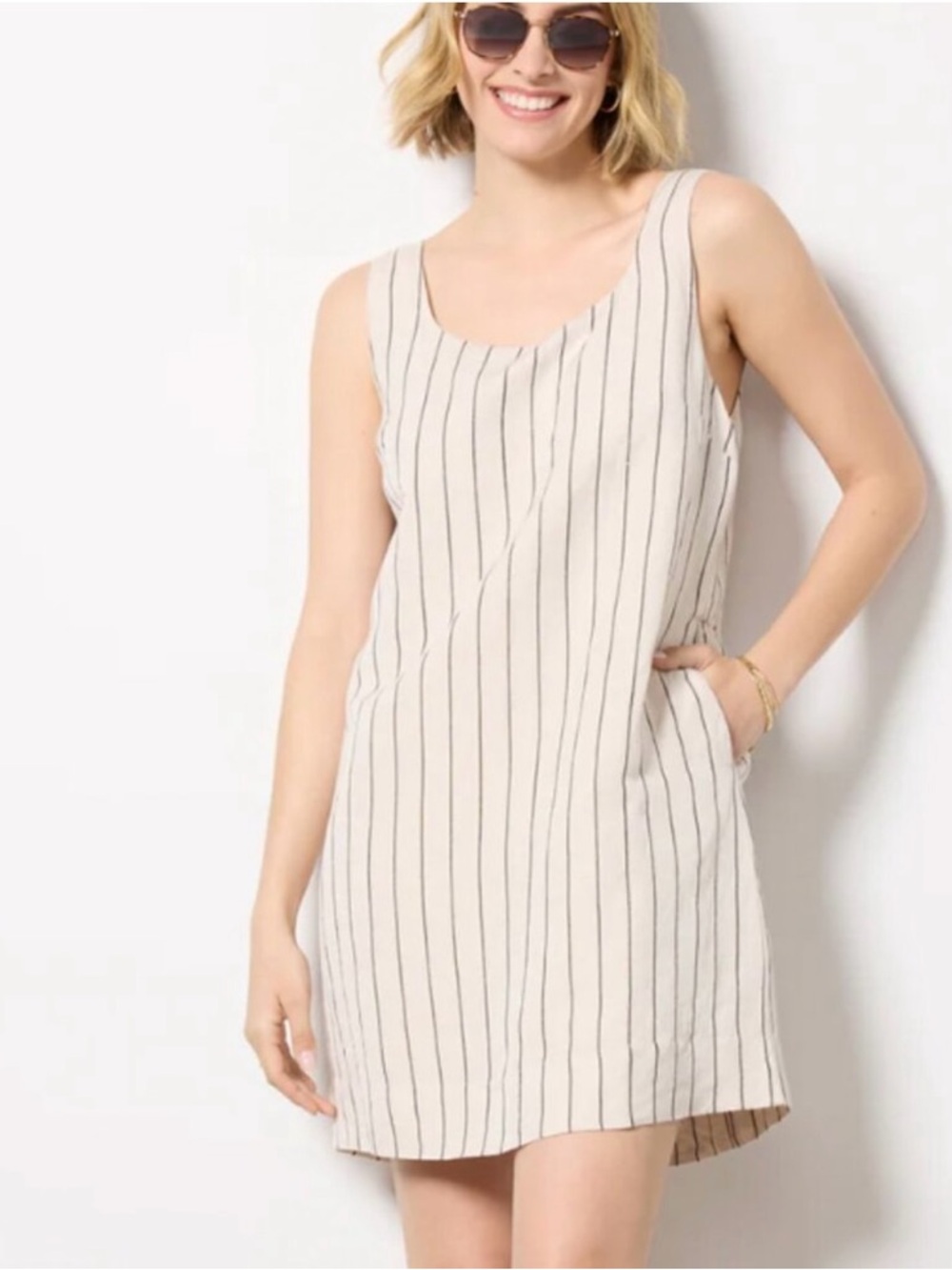 NWT Evereve Leah Shift Mini Dress in Oatmeal Black Stripe Size Large
